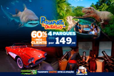 Passaporte da Diversão 4 parques (Oceanic Aquarium, Aventura Jurássica, Aventura Pirata e Classic Car Show) + Cinema 3D