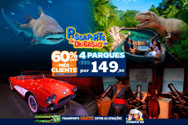 Passaporte da Diversão 4 parques (Oceanic Aquarium, Aventura Jurássica, Aventura Pirata e Classic Car Show) + Cinema 3D