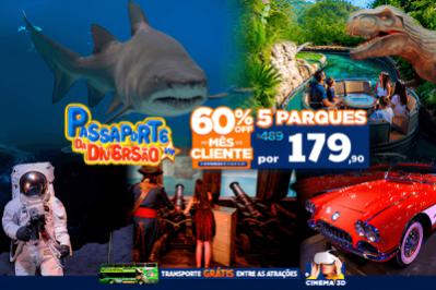 Passaporte da Diversão 5 parques (Oceanic Aquarium, Aventura Jurássica, Space Adventure, Aventura Pirata e Classic Car)