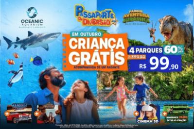 Passaporte da Diversão 4 parques (Oceanic Aquarium, Aventura Jurássica, Aventura Pirata e Classic Car Show) + Cinema 3D