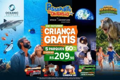 Passaporte da Diversão 5 parques (Oceanic Aquarium, Aventura Jurássica, Space Adventure, Aventura Pirata e Classic Car)